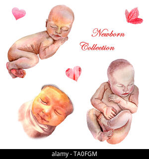 Aquarell von neugeborenen Babys schlafen in unterschiedlichen Posen Stockfoto