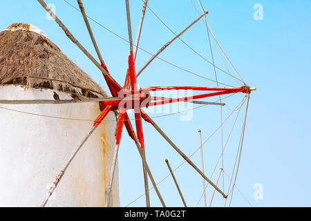 Mykonos, Griechenland, griechische Ikone Mühle close-up Hintergrund in der berühmten Insel der Kykladen Stockfoto