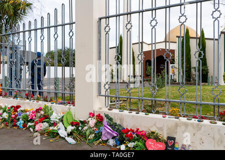 Christchurch, Neuseeland, Moschee, Masjid Al Noor, mit Memorial Tribute und polizeiliche Präsenz Stockfoto