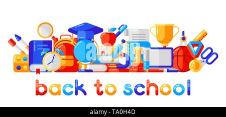 Zurück zu Hintergrund Schule mit Ausbildung Symbole. Abbildung in trendigen Flat Style. Stock Vektor