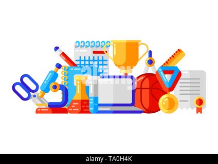 Schule Hintergrund mit Bildung Icons und Symbole. Abbildung in trendigen Flat Style. Stock Vektor