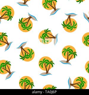 Nahtlose Muster, Insel mit Palmen im Meer gegen der Sonne Hintergrund. Design für Hintergründe, Tapeten, Hüllen, Verpackungen und Material. Stock Vektor
