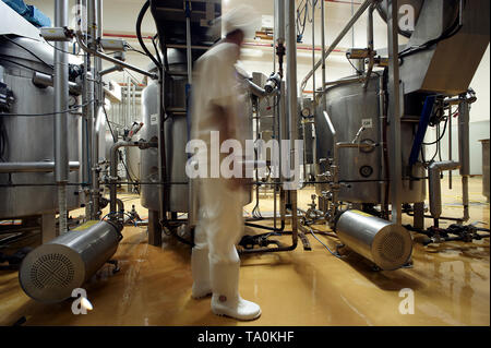 Die Arbeitnehmer Tragen von Schutzkleidung bei der Arbeit in einer Fabrik, die Suppen im industriellen Maßstab produziert Stockfoto