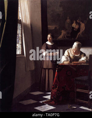 Johannes Vermeer - Dame schreiben Brief mit ihrer Zofe 1670 Stockfoto