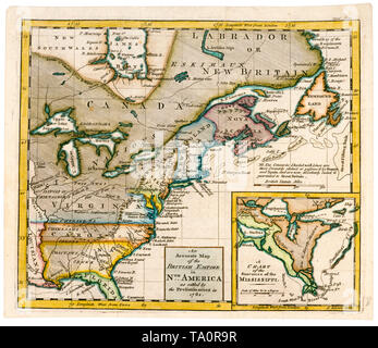 Eine genaue Karte des Britischen Empire in Nordamerika wie in der Vorrunde im Jahr 1762 angesiedelt, 18. Jahrhundert Stockfoto