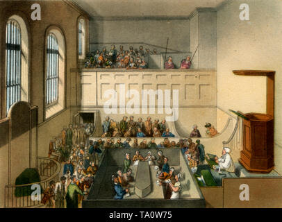 The Chapel, Newgate Gaol, c1808-1810. Ein Druck aus dem 'Mikrokosmos von London'. Ein Druck aus dem 'Mikrokosmos von London', von William Henry Pyne (1770-1843). Künstler: Thomas Rowlandson (1756-1827) und Auguste Charles Pugin (1762-1832). Die Gefängniskapelle des Newgate-Gefängnisses, die von George Dance dem Jüngeren entworfen wurde.das berüchtigte Gefängnis schloss 1902 und wurde 1904 abgerissen. Der Old Bailey steht nun auf dem Gelände des ehemaligen Gefängnisses. Stockfoto