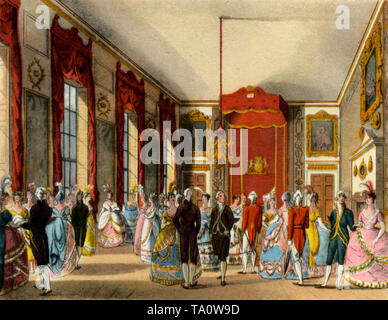 Salon im St. James's Palace, c1808-1810. Ein Druck aus dem 'Mikrokosmos von London', von William Henry Pyne (1770-1843). Illustriert von Thomas Rowlandson (1756-1827) und Auguste Charles Pugin (1762-1832). Im Auftrag von König Henry VIII ist der St. James's Palace noch heute die offizielle Residenz des britischen Sovereign. Stockfoto