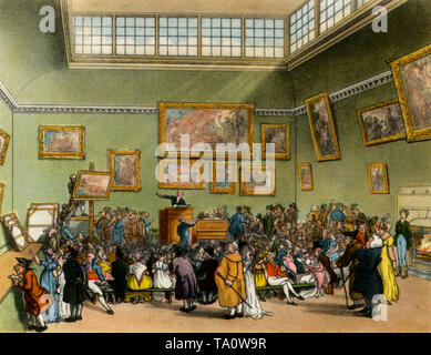 Christie's Auction House, c1808-1810. Ein Druck aus dem 'Mikrokosmos von London', von William Henry Pyne (1770-1843). Illustriert von Thomas Rowlandson (1756-1827) und Auguste Charles Pugin (1762-1832). Hier eine geschäftige Szene im von James Christie (1730-1803) gegründeten Auktionshaus. Stockfoto