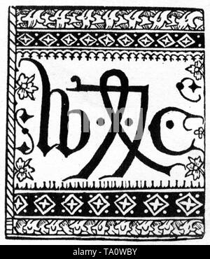 Marke oder Gerät des Druckers von Caxton, 1478. Von William Caxton (c1415-1422-c1492). Caxton war ein englischer Kaufmann, Diplomat, Schriftsteller und Drucker. Caxton gilt als erster Engländer, der als Drucker arbeitet und als erster eine Druckmaschine in England eingeführt hat. Stockfoto