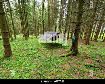 Camping Hängematte, Powys. Großbritannien Stockfoto