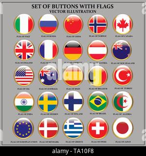 Hell eingestellt von Bannern mit Fahnen. Bunte Illustrationen mit den Flaggen der Welt für Web Design. Vector Illustration mit grauen Hintergrund. Stock Vektor