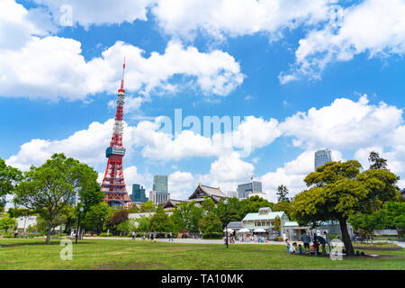 Tokyo Tower vom grünen Rasen in Shiba Park in Tokio, Japan. Stockfoto