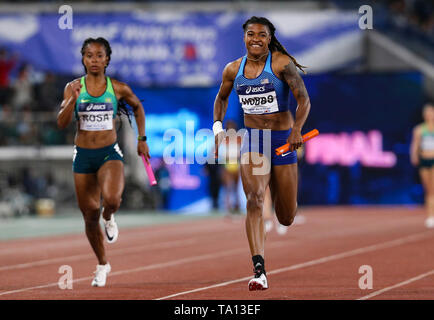 YOKOHAMA, Japan - 12. Mai: Aleia Hobbs der USA Anker ihr Team in der Frauen 4x100m Staffel finale während der Tag 2 des 2019 IAAF World Relais Meisterschaften an der Nissan Stadium am Sonntag, den 12. Mai 2019 in Yokohama, Japan. (Foto von Roger Sedres für die Iaaf) Stockfoto