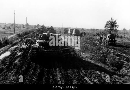 Deutsche Tanks (einschließlich Panzerkampfwagen IV) bewegen Sie die Maus über einen schlammigen Straße südlich vom See Ilmensee. Zusätzlich, Lkw und Pferd gezogenen Fahrzeugen für die Beförderung. Foto der Propaganda Firma (PK): SS Kriegsberichterstatter Koerbisser. Stockfoto