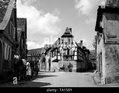 Ein Pferd Warenkorb in der Sankt-Martiner-Straße neben ein barockes Fachwerkhaus mit einer Kreuzung auf einer Basis in Maikammer im Kreis Suedliche Weinstrasse. Stockfoto