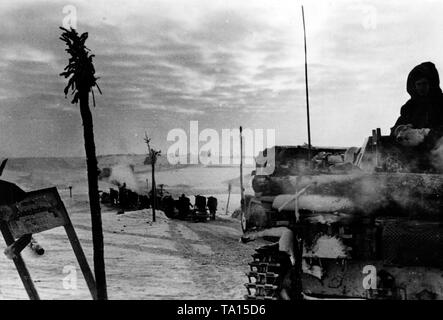 Ein Tank und mehrere oxcarts Drive entlang einer Supply Straße entlang der östlichen Front. Das Schild auf der linken Seite zeigt auf den nächsten Radiosender. Foto der Propaganda Firma (PK): kriegsberichterstatter Maltry. Stockfoto