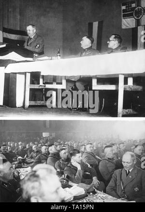 Rund 1500 Bergleute der Brandenburger Stahlhelm versammelten sich in Frankfurt an der Oder für eine Sitzung, in der der Chef Franz Seldte die Leitlinien für das neue Jahr in seiner Rede. Rechts von ihm der Führer von Brandenburg von Morozowicz (Bild oben). Prinz Wilhelm von Preußen (unteres Bild, mit unterstützten Arm) nahmen auch als junger Stahlhelm Führer. Stockfoto