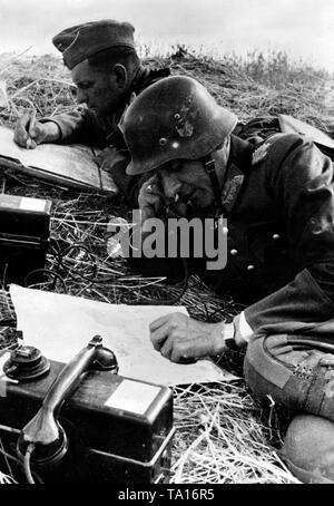 Zwei Offiziere liegen in einem Feld in der Nähe von orjol, und die Situation zu besprechen. Weitere Schritte skizziert auf Karten. Neben ihnen, ein Feld Telefon. Foto der Propaganda Firma (PK): kriegsberichterstatter Gutjahr. Stockfoto