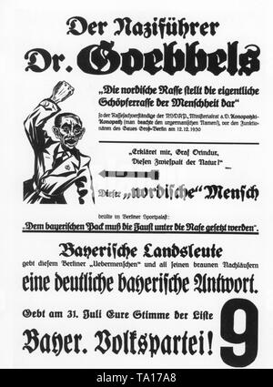 Ein Wahlplakat der Bayerischen Volkspartei von 1932 eine Kampagne gegen "NS-führer Dr. Goebbles' und die anti-bayerischen Aussagen machte er in einer Rede im Berliner Sportpalast.