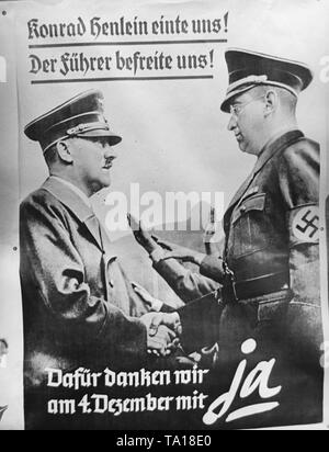 Wahlplakat für die Volksabstimmung im Sudetenland. Die Sudetendeutschen werfen ihre Abstimmung über die Annexion des Sudetenlandes an das Deutsche Reich. Auf dem Plakat: "Konrad Henlein uns vereint! Den Führer befreit uns! Wir danken ihm für das am 4. Dezember! '. Stockfoto