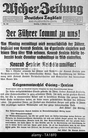 Von der "Ascher Zeitung Auszug' auf Adolf Hitlers Besuch in die besetzten Gebiete am 2. Oktober 1938. Stockfoto