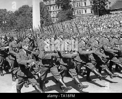 Foto einer Bildung von Nicht-Auftraggeber Offiziere und Mitglieder (auf der Rückseite) der Legion Condor während der Parade der Legion Condor auf der Ost-West-Achse (ehemalige Chalottenburger Chaussee, heute Straße des 17. Juni) vor der Technischen Universität in Berlin am 6. Juni 1939. Die Soldaten tragen die spanischen Kreuz auf der rechten Brust, die Ihnen von Adolf Hitler gegeben wurde. Stockfoto