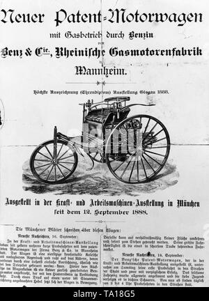 Bericht des Münchner neueste Nachrichten über den Patent Motorwagen Nr. 3 von Carl Benz, das erste Kraftfahrzeug, die er in Serie produziert und verkauft. Stockfoto