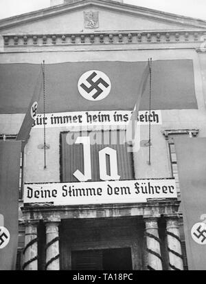 Die Ausstellungshalle in Reichenberg (heute Liberec) wird festlich für die kommende Sudetendeutsche nachwahlen eingerichtet. Die Sudetendeutschen entscheiden, ob das Sudetenland an das Deutsche Reich annektiert werden sollten. Auf dem Plakat: "Für Immer zu Hause im Reich', 'Ja' und 'Abstimmung für den Führer'. Stockfoto