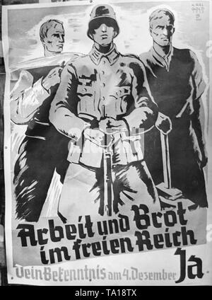 In die Sudetendeutsche Nachwahlen, die Sudetendeutschen ihre Stimme abgegeben über die Angliederung an das Deutsche Reich. Auf dem wahlplakat: "Arbeit und Brot in der freien Reichs. Ihre Stimme am 4. Dezember ja. ' Stockfoto