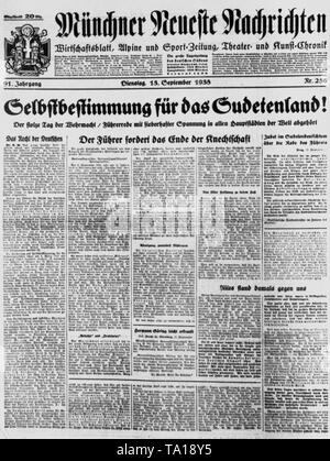 Schlagzeile auf der Titelseite der Münchner Neuesten Nachrichten über die Rede von Adolf Hitler über die Sudetendeutschen Krise am Reichsparteitag: "Autonomie für das Sudetenland! Die stolzen Tag der Wehrmacht - die Rede des Führers mit fieberhafter Spannung in allen großen Städten der Welt abgefangen." Stockfoto