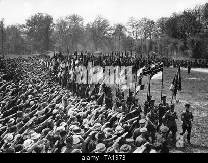 Ein flag Parade der Allianz der Roten Front-Fighters (Stahlhelm) der Ostmark ist freudig begrüßt von Zuschauern bei Schuetzenhausplatz in Frankfurt (Oder). Stockfoto