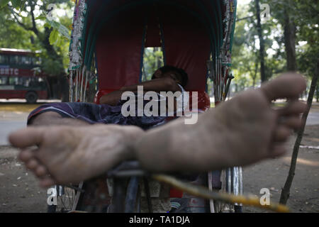 Dhaka, Bangladesch. 21 Mai, 2019. Eine Rikscha Abzieher ein Nickerchen an einem heissen Sommertag in der Nähe der Universität von Dhaka. Die Temperatur in der Hauptstadt erreicht 36 Grad Celsius und wird weiterhin bis zu 40 Grad Celsius in der Woche, je nach Wetter. Credit: MD Mehedi Hasan/ZUMA Draht/Alamy leben Nachrichten Stockfoto