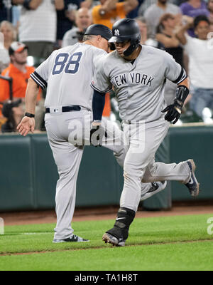 Baltimore, Vereinigte Staaten von Amerika. 20 Mai, 2019. New York Yankees catcher Gary Sanchez (24) feiert mit Third Base coach Phil Nevin (88) nach dem Schlagen des Spiel - drei gewinnend Run Home Run im neunten Inning gegen die Baltimore Orioles, Oriole Park in Camden Yards, Baltimore, MD, am Montag, den 20. Mai 2019. Die Yankees gewann das Spiel 10 - 7. Credit: Ron Sachs/CNP (Einschränkung: Keine New York oder New Jersey Zeitungen oder Zeitschriften innerhalb eines 75-Meilen-Radius von New York City) | Verwendung der weltweiten Kredit: dpa/Alamy leben Nachrichten Stockfoto