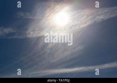 Staubpartikel auf blauen Himmel mit Sonne und Feather Cloud am Frühling Tag. Stockfoto