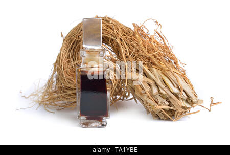 Wurzeln der Chrysopogon zizanioides, allgemein bekannt als Vetiver. Auf weissem Hintergrund. Stockfoto