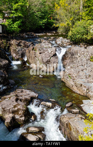 Betws y Coed Conwy Wales Mai 14, 2019 Kleine fällt auf den Fluss Llugwy, wie es durch das Dorf fließt Stockfoto