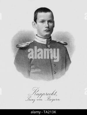 Kronprinz Rupprecht von Bayern (1869-1955) in seiner Jugend. Kupferstich von A. und Th. Weger. Stockfoto