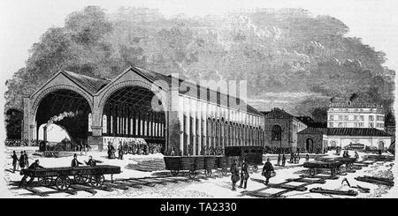 Der alte Nordbahnhof (Gare du Nord), Paris und Brüssel angeschlossen wurde durch den Architekten Leonce Reynaud konzipiert. Kupferstich von 1847. Stockfoto