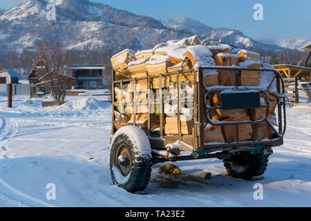 Warenkorb, Anhänger, Wagen für den Transport von Brennholz wird für den Verkauf in der Landschaft in den Schnee im Winter Stockfoto