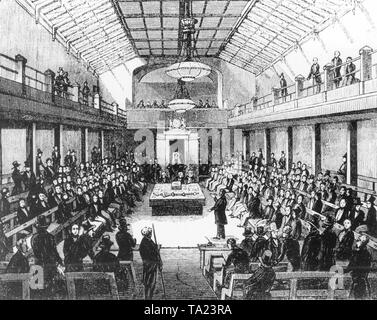Zeichnung eines Treffens im Unterhaus in London von 1844. Das Bild zeigt das alte Parlamentsgebäude, das Neue im Jahre 1860 abgeschlossen wurde. Stockfoto