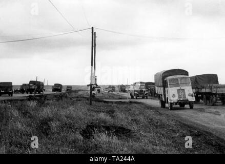 Lkws der Wehrmacht fahren in beide Richtungen auf den Straßen in der Nähe von Bjelgorod (HORTEN). Im Rahmen der Operation Zitadelle, dem letzten großen deutschen Angriff an der Ostfront, intensive Versorgung wieder in den Vordergrund geholt. Foto der Propaganda Firma (PK): kriegsberichterstatter Mittelstaedt. Stockfoto