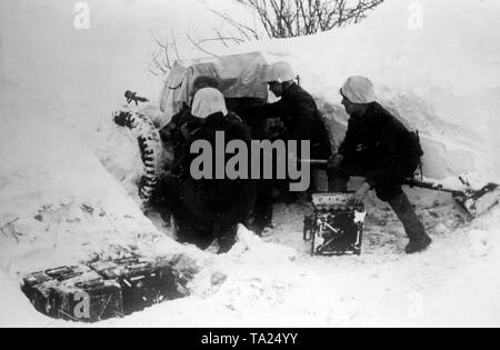 Wehrmachtssoldaten betreiben eine 3,7Cm-Panzerabwehrkanone 36 anti-tank Gun,, das fast vollkommen versunken im Schnee. (PK Foto: Krieg Reporter Lachmann) Stockfoto