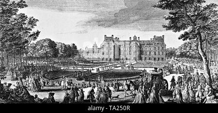 Die Menschen in den Jardin du Luxembourg (Luxemburg Garten), hinter dem Palais du Luxembourg. Zeitgenössische Gravur. Stockfoto