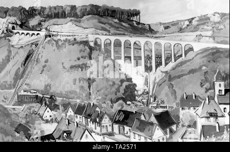 Tempra Gemälde von Ernst Vollbehr: Autobahn Brücke (Bridge) in der Nähe von drackenstein Oberdrackenstein (Aufstieg zur Schwäbischen Alb) Stockfoto