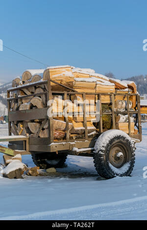 Warenkorb, Anhänger, Wagen für den Transport von Brennholz wird für den Verkauf in der Landschaft in den Schnee im Winter Stockfoto