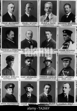 Sammlung von Portraits der Opfer der Hitler Putsch. Von links nach rechts: (erste Zeile) Felix Allfahrt, Kaufmann, Karl Kuhn, ein Oberkellner, Klaus von Pape, Kaufmann, Andreas Bauriedl, Kaufmann, (zweite Zeile) Theodor von den Pfordten, Amtsgericht Ratsmitglied, Max Erwin von Scheubner-Richter, Dr. Ing. oblt., Lorenz Ritter von Stransky-Griffenfeld, Johann Rickmers, ehemaliger Kapitän der Kavallerie, (dritte Zeile), Wilhelm Ehrlich, Bankkaufmann, Kurt Neubauer, Diener, Theodor Casella, Bankkaufmann und ehemaliger Leutnant, Karl Laforce, Stud. Ing. (4. Zeile), Anton Hechenberger, Bankkaufmann, Oskar Koerner, ein Stockfoto