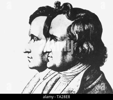 Die Brüder Wilhelm (1786-1859) und Jacob Grimm (1785-1863), Spezialisiert in Germanistik und Linguistik und Herausgeber der bekannten Märchen. Stockfoto