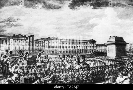 Zeitgenössische Zeichnung von der Hinrichtung des französischen Königs Ludwig XVI., der am 21. Januar 1793 durch die Guillotine hingerichtet wurde. Der Henker zeigt den abgetrennten Kopf des Königs der versammelten Menge. Auf der rechten Seite können Sie den Sockel des Denkmals von Louis XV, die von der Revolutionären geworfen worden waren. Stockfoto