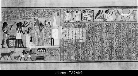 Die 'Öffnung der Zeremonie den Mund" von "Buch der Toten" aus der Zeit Sethi I. (1312-1298). Die Priester des Anubis, der Führer der Toten und der Gott der Gräber und Einbalsamierung, die Öffnung des Mundes Ritual durchführen Stockfoto