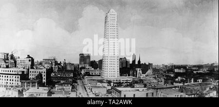 Blick über die Stadt von Minneapolis im US-Bundesstaat Minnesota von Oktober 4, 1927. In der Mitte des Bildes ist eine Zeichnung des damals geplanten Foshay Türmen. Stockfoto